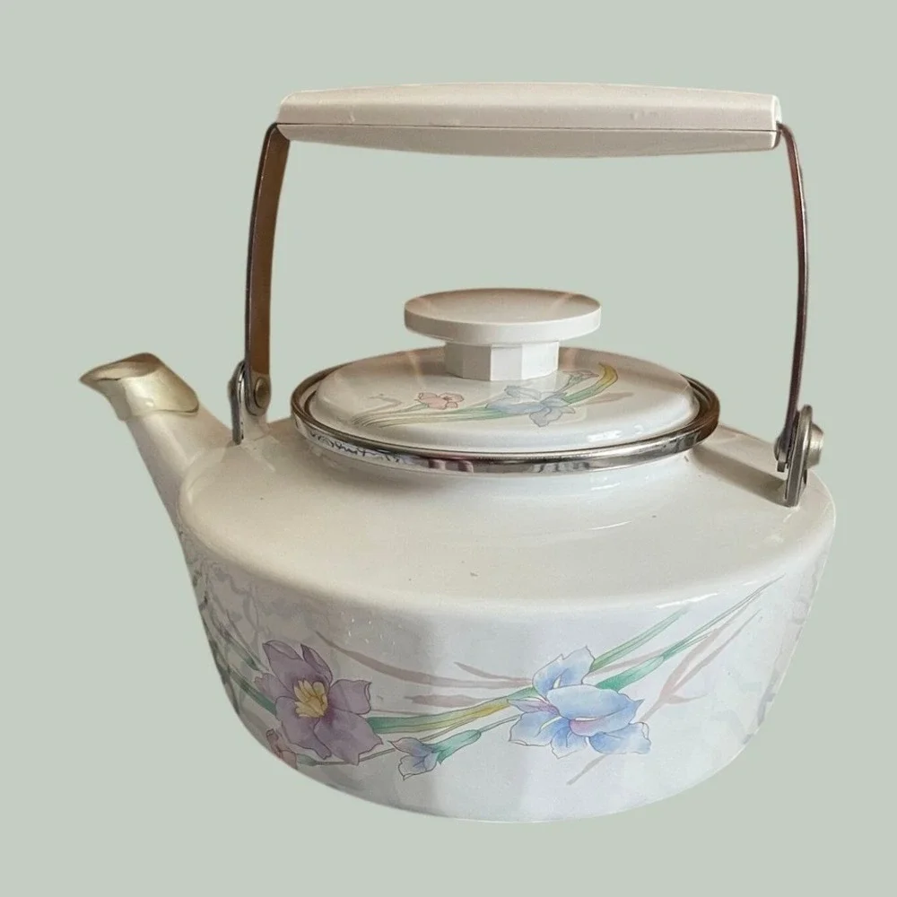 Mikasa Gourmet Colors Gabriele Tea Kettle 2Qt Enamel Delicate Floral Iris Japan